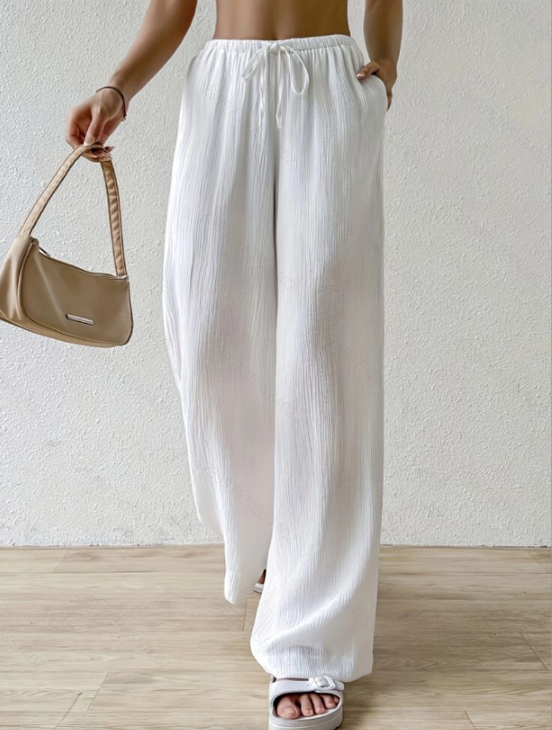 Pantalones anchos de cintura alta para mujer, suaves, elásticos, informales, de color liso, con cinturilla ajustable para un uso diario cómodo._voghion.com
