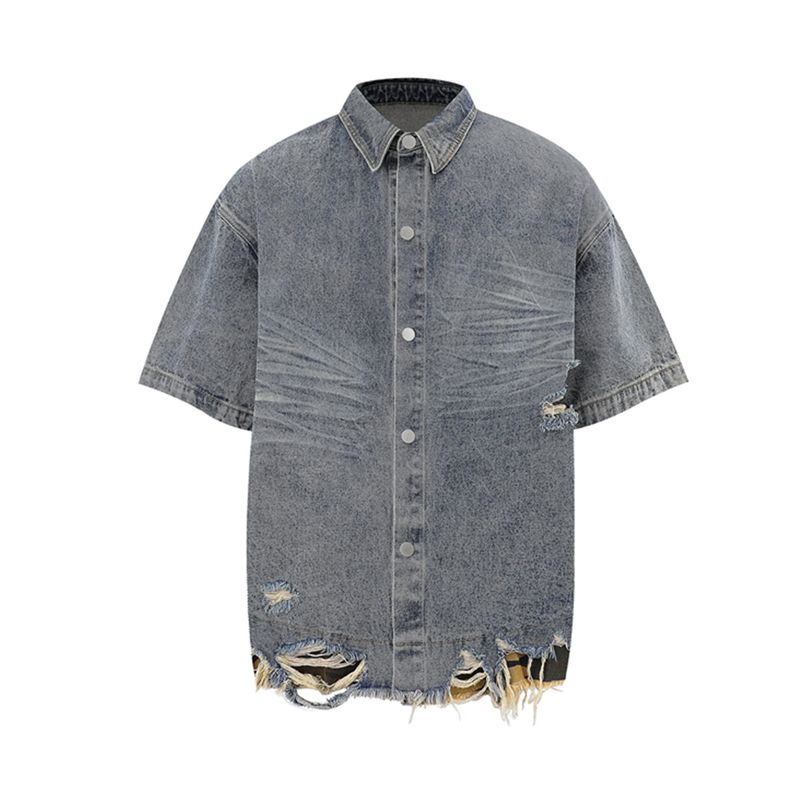 Vêtements pour hommes, chemise en jean déchirée et délavée, style rétro, tendance camouflage, manches courtes, été_voghion.com