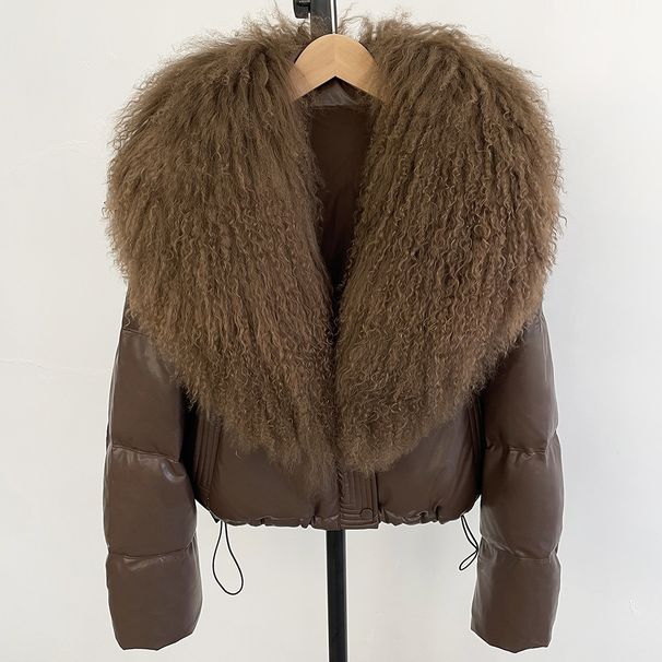 Trendige kurze Pufferjacke für Damen mit Kaninchenfellkragen, 85% weiße Entendaunen, übergroßer Wintermantel (S/M)_voghion.com