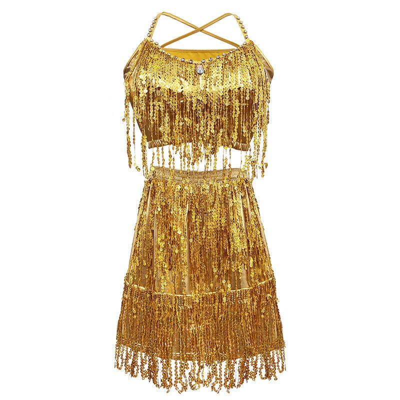 New adult women's Latin sequin fringe dance stage performance costume sexy suspender short skirt set_voghion.com