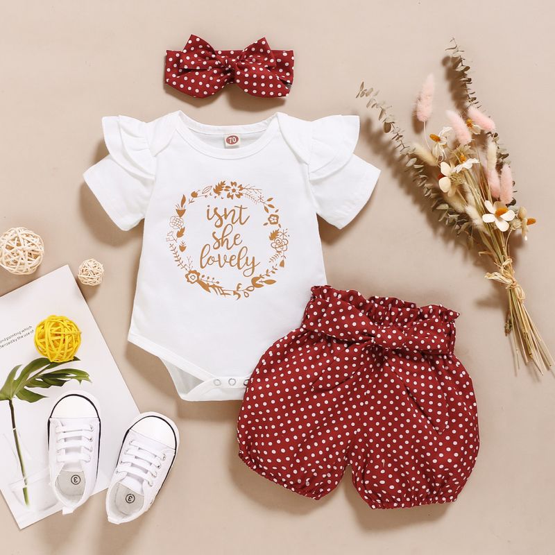 Girls suit summer 2024 new European and American popular short-sleeved letter khaki + floral polka dot shorts three-piece set_voghion.com