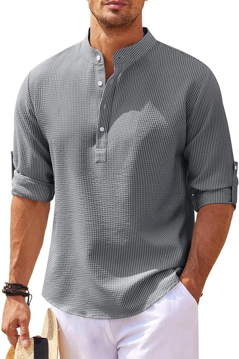 2025 Herren Langarm Stehkragen Button Down Ananas Plaid Freizeithemd Top_voghion.com