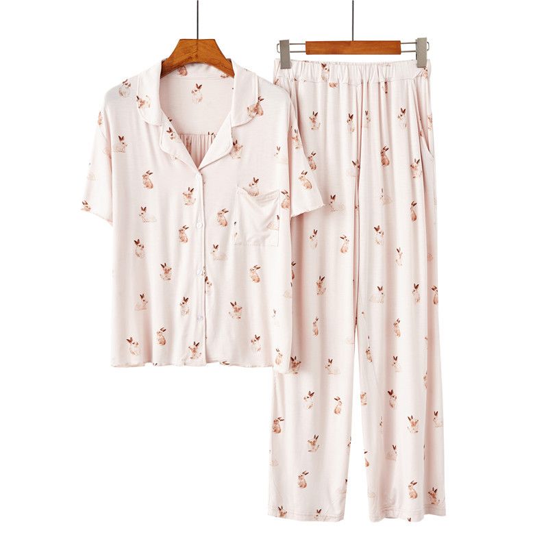 Pyjama modal pour femmes, vêtements à manches courtes, pantalon imprimé lapin, doux, ample, à revers, vêtements de maison_voghion.com