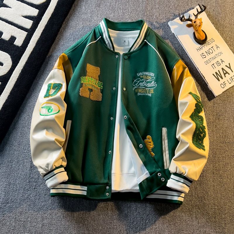 ​​Men's Stylish Embroidered Baseball Jacket With Leather Sleeves - Trendy Slim Fit Bomber For Casual & Streetwear (Black/Green/Blue)​_voghion.com