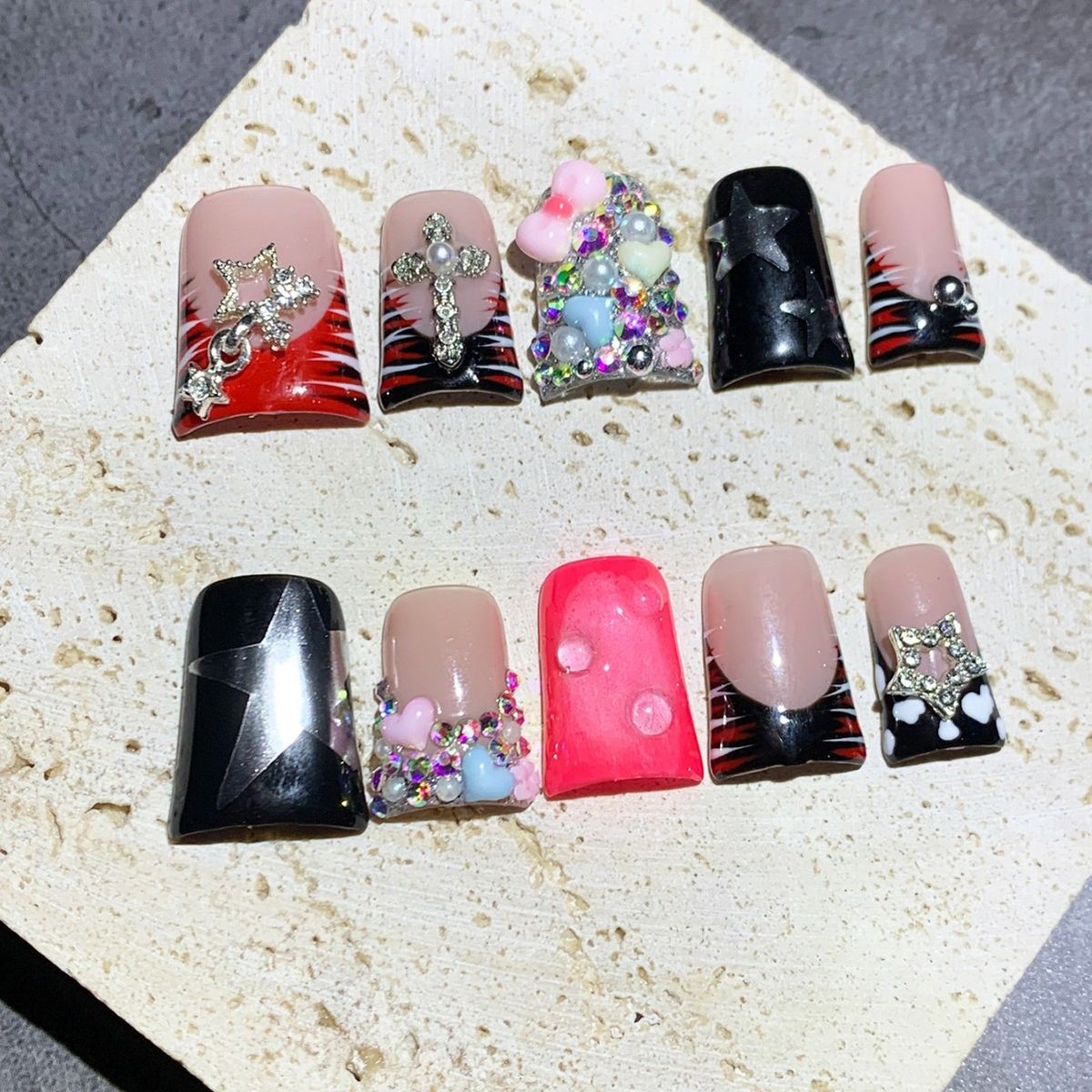 10PCS Handmade Short Duck Bill Press On Nails | Mirror Powder Star Cross Design, Europe & America Export_voghion.com
