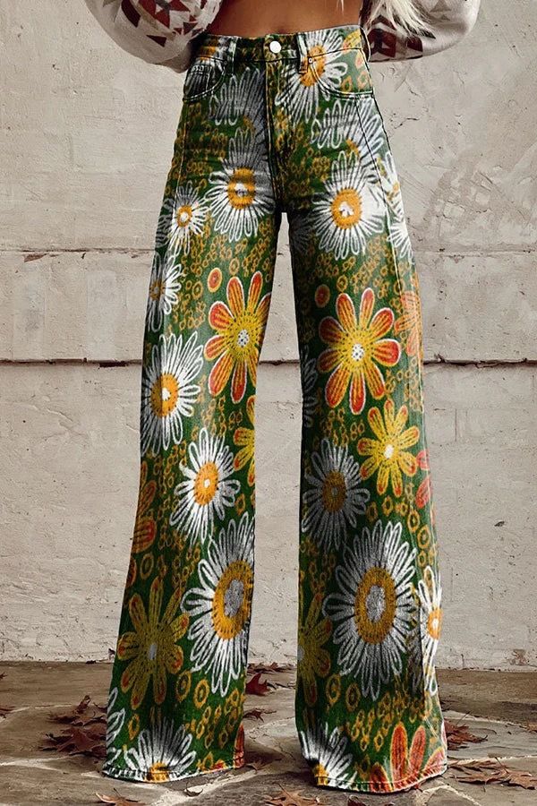 Trendy Plus Size Women's Printed Flare Pants - Stretch Denim-Like Wide Leg Trousers With 3D Patterns, Comfortable & Stylish Casual Wear_voghion.com