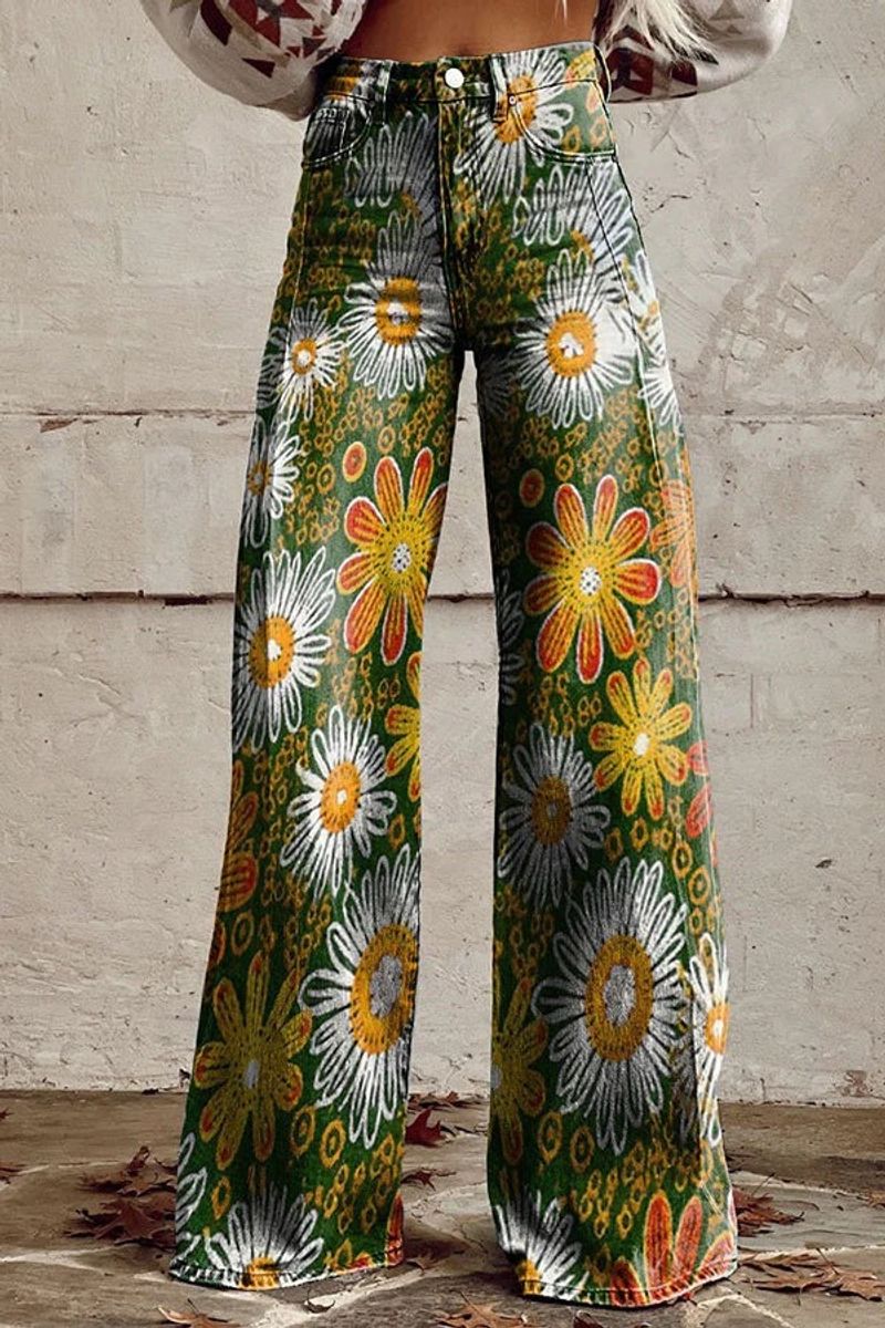 Trendy Plus Size Women's Printed Flare Pants - Stretch Denim-Like Wide Leg Trousers With 3D Patterns, Comfortable & Stylish Casual Wear_voghion.com
