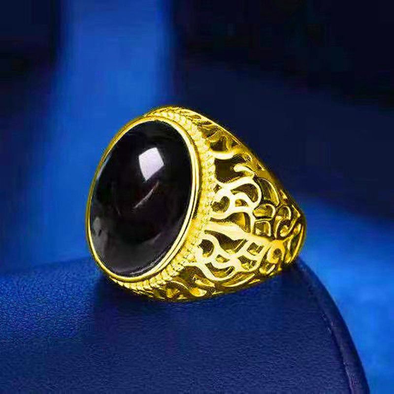 Anello da uomo in oro bianco placcato in rame, apertura regolabile, anello in calcedonio verde e agata nera, da uomo_voghion.com