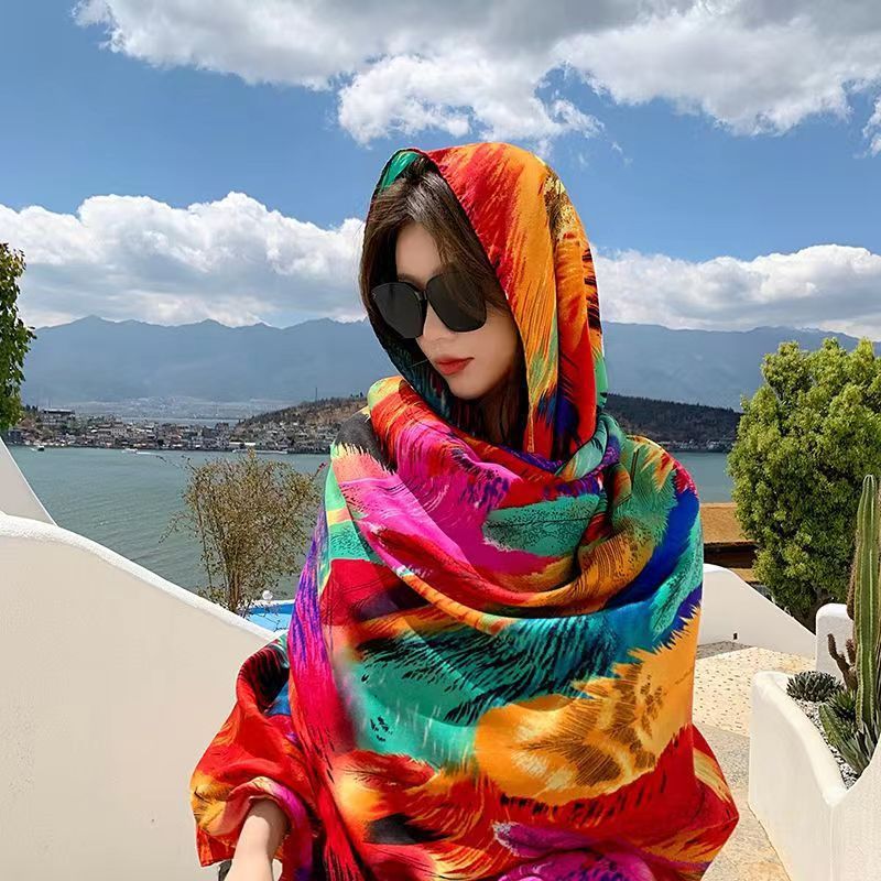 Desert Travel Photography Ethnic Style Shawl Sunscreen Twill Cotton And Linen Tassel Oversized Silk Scarf_voghion.com