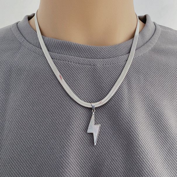 Collana di coppia in acciaio al titanio con ciondolo a forma di fulmine in madreperla bianca e argento con catena a serpente e osso, di lusso e leggera._voghion.com