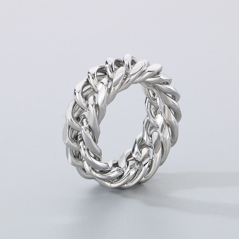 INS Minimalist Neutral Style Titanium Steel Gold Ring Double Weave Cuban Chain Niche Personality Jewelry_voghion.com