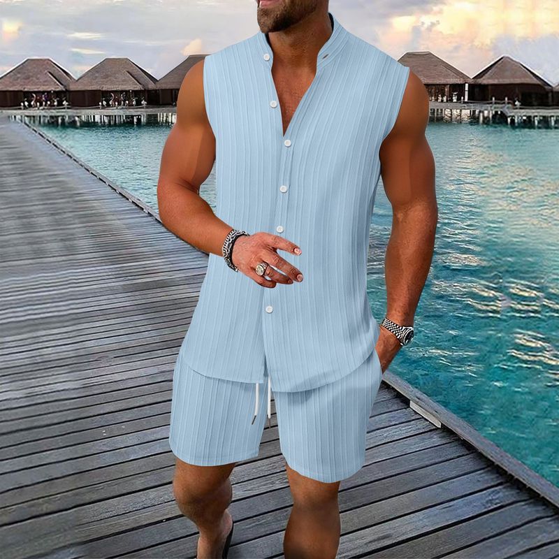 2025 Summer New Style Casual Blazer Shirt + Loose Drawstring Shorts Two Piece Set For Men, Comfortable And Loose-Fitting Sleeveless Tank Top + Shorts_voghion.com