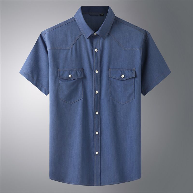 Camicia a maniche corte in denim elasticizzato taglie forti da uomo, camicia sottile casual da lavoro per uomo grasso, camicia sottile da uomo grasso, camicia sottile da uomo grasso_voghion.com