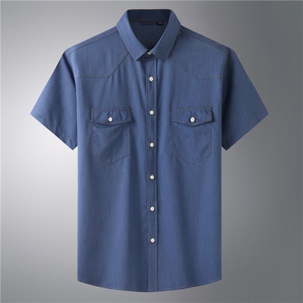 Camicia a maniche corte in denim elasticizzato taglie forti da uomo, camicia sottile casual da lavoro per uomo grasso, camicia sottile da uomo grasso, camicia sottile da uomo grasso_voghion.com