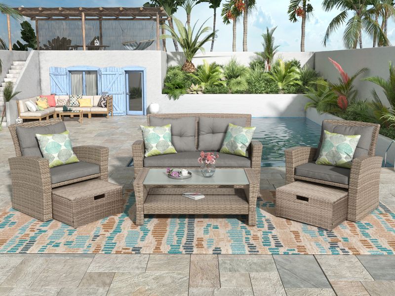 Patio Furniture Set;  4 Piece Outdoor Conversation Set All Weather Wicker Sectional Sofa with Ottoman and Cushions_voghion.com