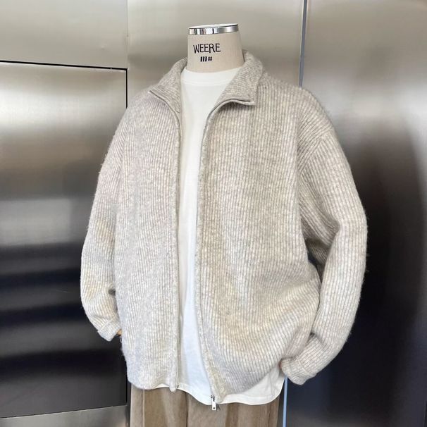 Cardigan da uomo in maglia premium con cerniera - Maglione comodo e ampio con collo alto per l'inverno, casual ed elegante (disponibile in grigio chiaro e nero)_voghion.com