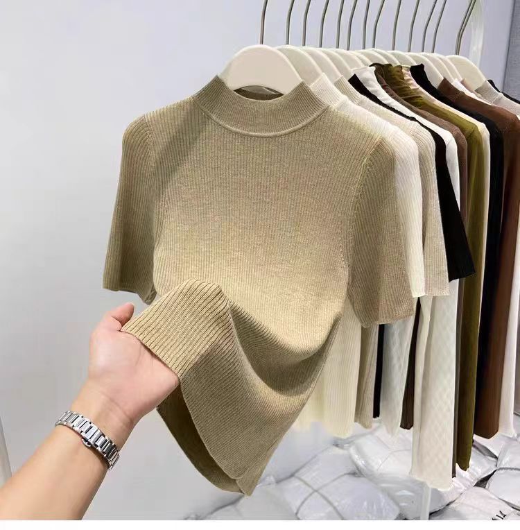 Maglia aderente con collo semi-alto – Pullover traspirante a maniche corte (essenziale per un look a strati leggero, bianco, nero)_voghion.com