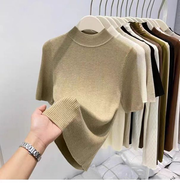 Maglia aderente con collo semi-alto – Pullover traspirante a maniche corte (essenziale per un look a strati leggero, bianco, nero)_voghion.com