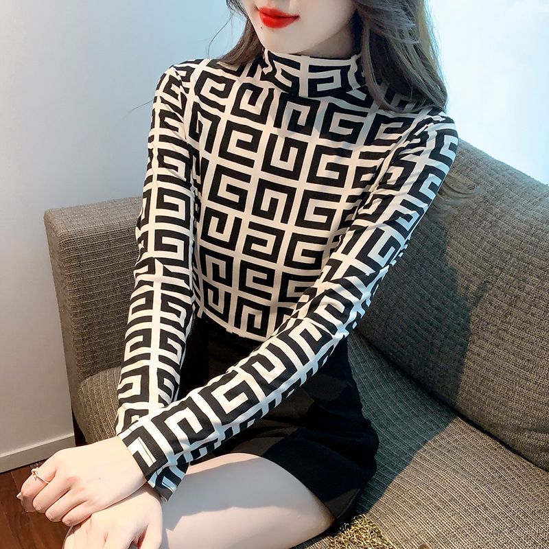 Doppelseitiges, halbhohes Samthemd mit schmalem, elastischem Schnitt und Aufdruck für Damenbekleidung_voghion.com