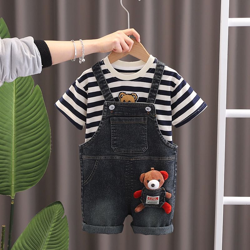Mother & Kids Children's denim overalls summer children's striped cartoon short-sleeved tops boys T-shirt suits manufacturers wholesale_voghion.com