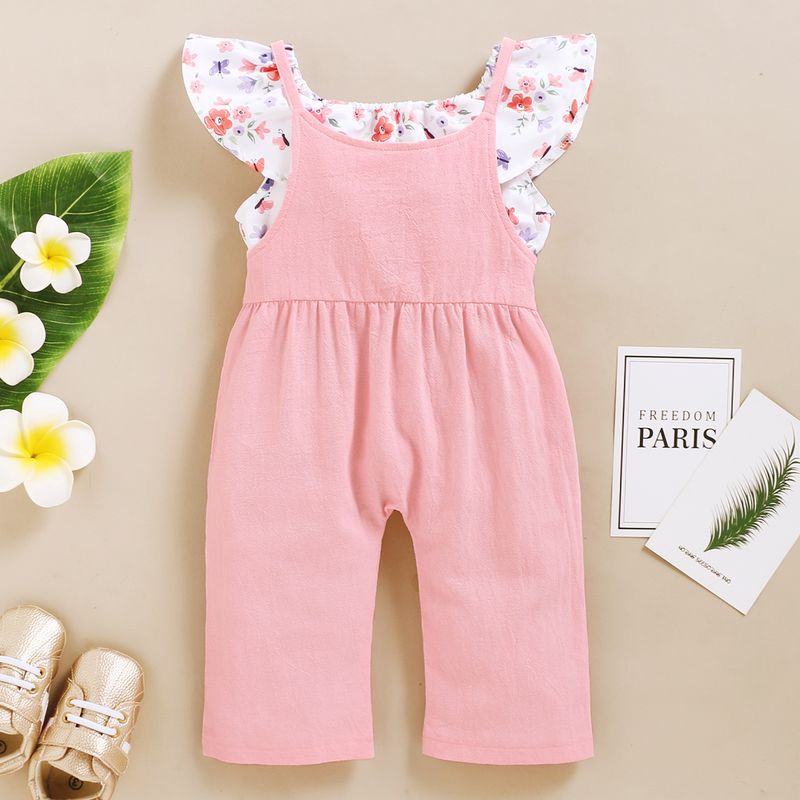 Niñas primavera y otoño 2024 nuevo top sin mangas floral pequeño popular europeo y americano + tirantes de color sólido traje de dos piezas_voghion.com