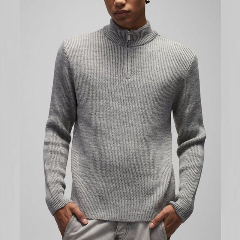 Elegante maglione da uomo con mezza zip - Comodo pullover invernale con collo alto, tessuto elasticizzato e traspirante per abbigliamento casual (grigio)_voghion.com