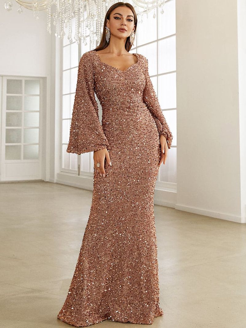 2024 Spring/Summer New Fashion V-neck Wrap Hip Sequin Mid Waist Flare Sleeves Long Evening Dress_voghion.com