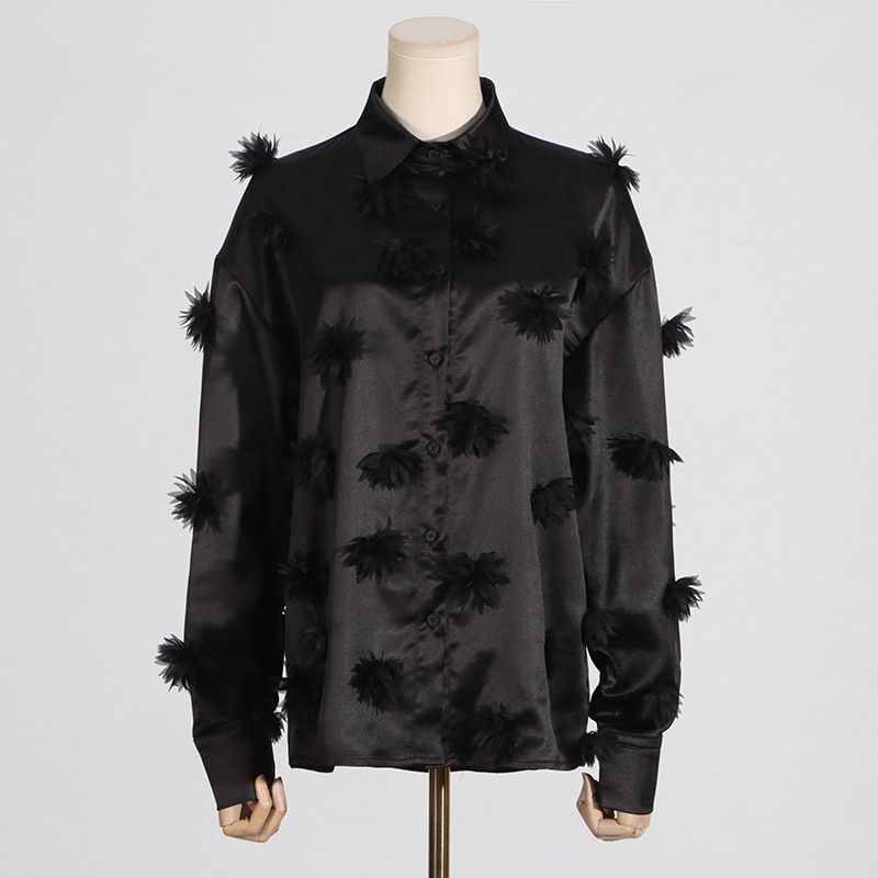Damenbekleidung Mode lässigen Stil Revers einfarbig dreidimensionales Blumenspleißdesign Langarm-Damenhemd_voghion.com