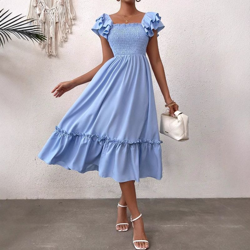 Blaues langes Ins Style Taillenabnehmendes Fee Sommer Strandurlaubskleid_voghion.com