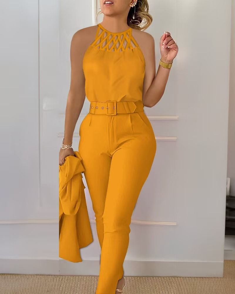 Women's Clothing New Fashion Tops Solid Color Pants Set Two piece Set with Belt_voghion.com