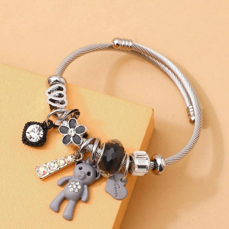 Family Fashionable DIY Love Diamond Set Little Bear Pendant Student Titanium Steel Adjustable Bracelet_voghion.com