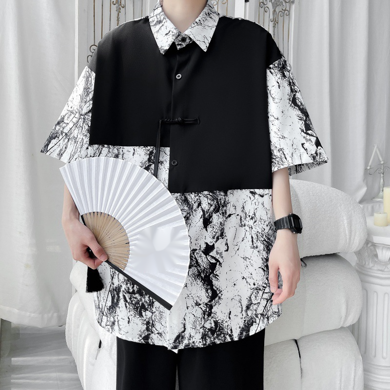 Sommar Nationell Ny Kinesisk Stil Pan Button Skarvad Kort Mode Tryckt Lös Avslappnad Halvärmad Skjorta_voghion.com