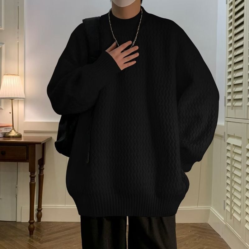 Vintage Wave-Knit Sweater – Japanese Minimalist Oversized Pullover (M/L/XL/XXL) – 90s Retro Textured Crewneck_voghion.com