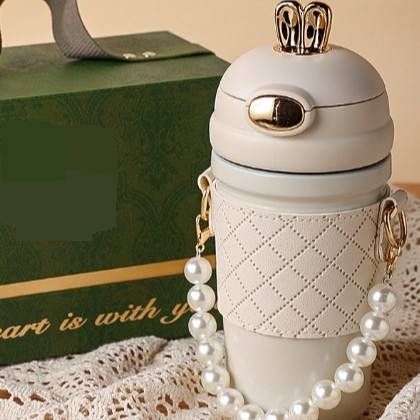 Elegant Rhinestone-Studded Stainless Steel Tumbler With Handle Strap – 500ml Vacuum Insulated Cup (Pink/White/Light Green, Leak-Proof, Korean Style)_voghion.com