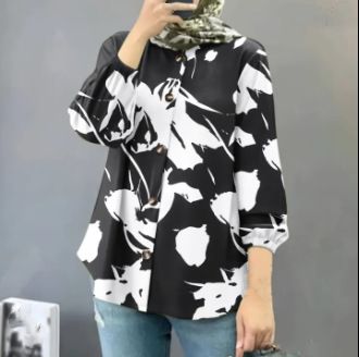 Camicette da donna con scollo a V, a maniche lunghe, con bottoni, alla moda musulmana, casual, con stampa floreale, per le feste_voghion.com