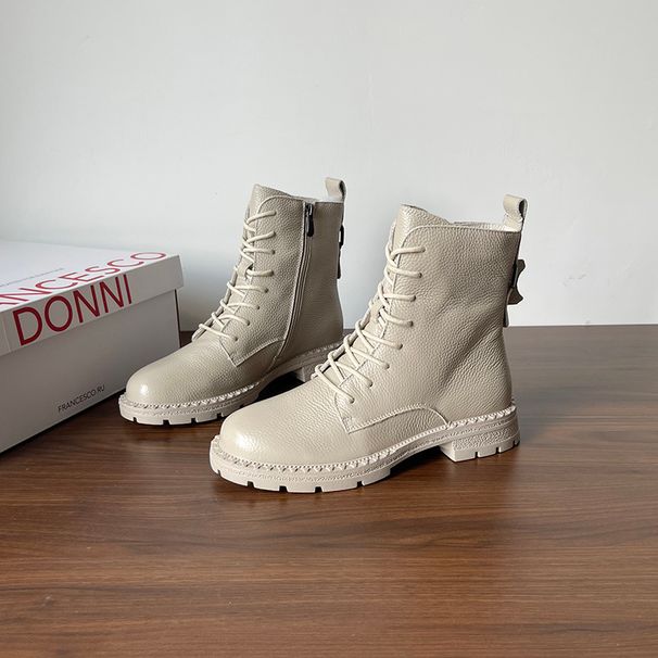 Die erste Schicht aus Rindsleder mit flachem Boden und Schnürstiefeln aus Martin-Leder für Damen im Herbst und Winter, schöne britische Samtstiefel in großer Größe_voghion.com