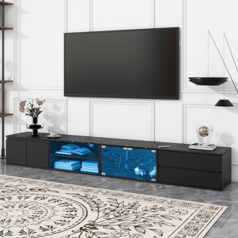 ON-TREND Modern APP Controlled LED TV Stand For TVs Up To 105'', Faux Marble Tabletop Media Console With Tempered Glass Doors, Entertainment Center_voghion.com