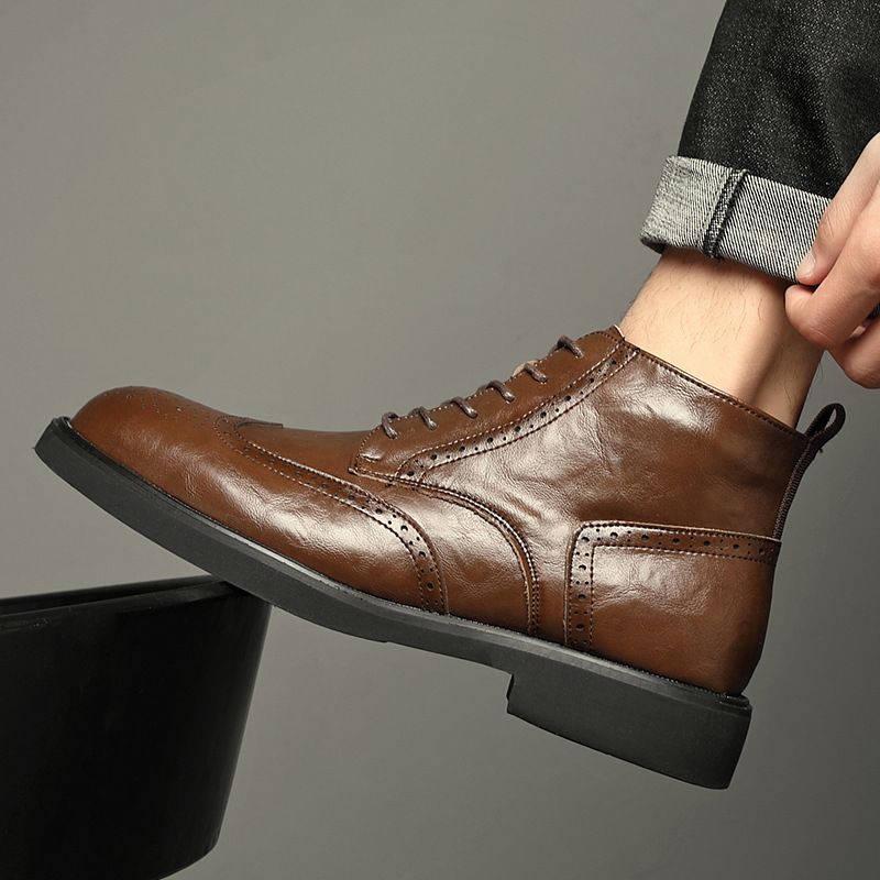 Martin Boots Men's Retro Short Boots Business Dress Brock High-top Leather Shoes Heightening Tooling Leather Boots_voghion.com