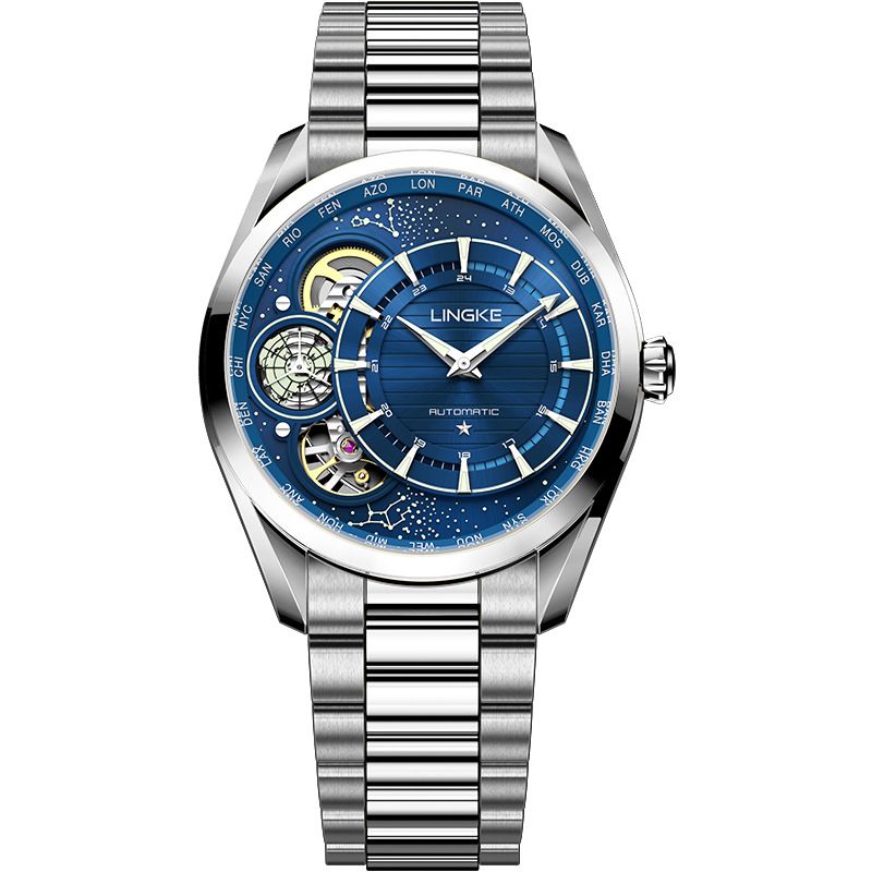Men's Automatic Mechanical Quartz Dual Movement Watch With Skeleton Design, Stainless Steel Case & Band, Business Casual Style, Water Resistant_voghion.com