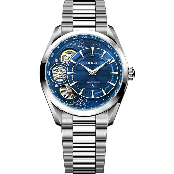 Men's Automatic Mechanical Quartz Dual Movement Watch With Skeleton Design, Stainless Steel Case & Band, Business Casual Style, Water Resistant_voghion.com