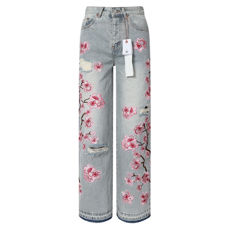 Herrenbekleidung Pfirsichblütenstickerei modische lässige, schlichte, lockere Jeans mit weitem Bein für Herren_voghion.com