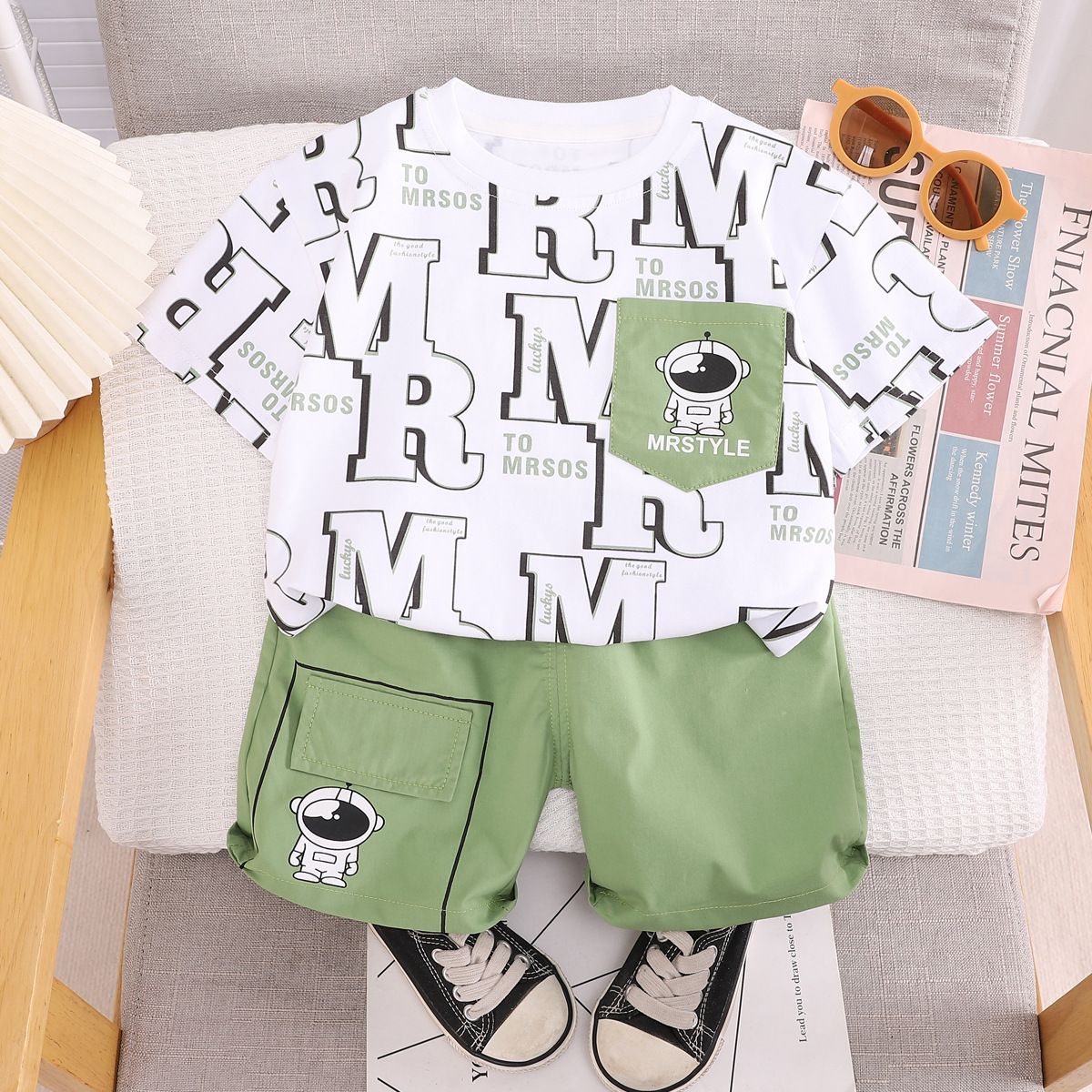 Set di due pezzi di pantaloncini casual per bambini a maniche corte con girocollo e stampa completa per ragazzi estivi da 0 a 5 anni_voghion.com