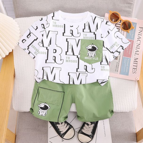 Set di due pezzi di pantaloncini casual per bambini a maniche corte con girocollo e stampa completa per ragazzi estivi da 0 a 5 anni_voghion.com