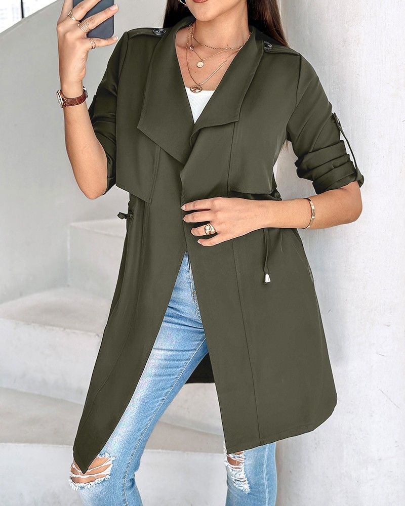 Women's Clothing new models autumn and winter loose solid color waist sleeves mid length windbreaker jacket_voghion.com