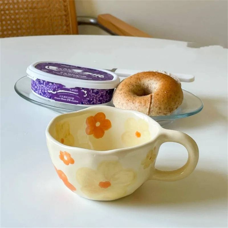Ceramic Mugs Coffee Cups Hand Pinched Irregular Flower Milk Tea Cup Ins Korean Style Oatmeal Breakfast Mug Drinkware Kitchen_voghion.com