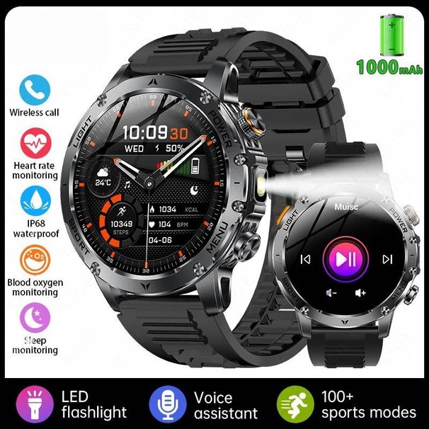 Reloj inteligente AK87 para exteriores con linterna, llamadas Bluetooth, batería de 1000 mAh, más de 100 esferas y modos multideportivos._voghion.com