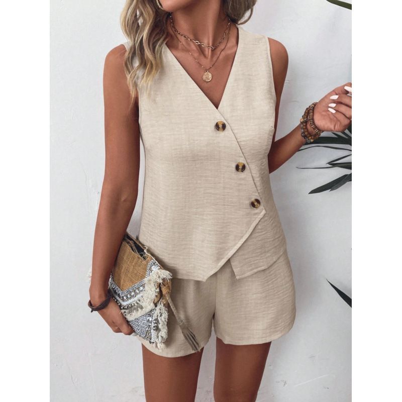 2025 Sommer-Outfit, modisch, lässig, V-Ausschnitt, unregelmäßiges Tanktop und Shorts-Set_voghion.com