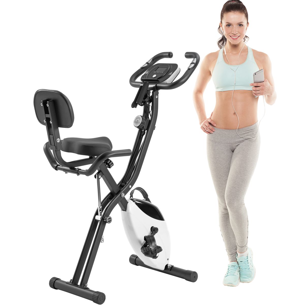 Folding Exercise Bike, Fitness Upright And Recumbent X-Bike With 16-Level Adjustable Resistance, Arm Bands And Backrest_voghion.com