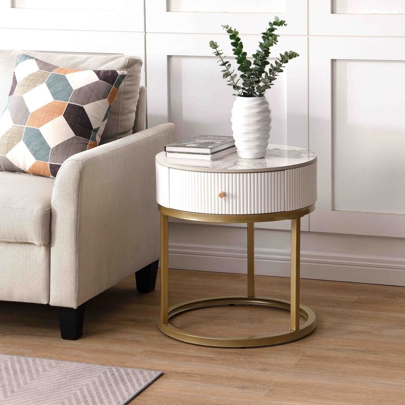 Modern Nightstand With Drawer, Marble Round End Table With Storage, Side Table For Living Room&Bedroom_voghion.com