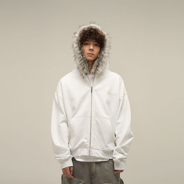 Moletom com capuz retrô e zíper com gola de pele e acabamento em pele sintética para homens – Pulôver unissex estiloso para outono e inverno (preto, branco e cinza)_voghion.com